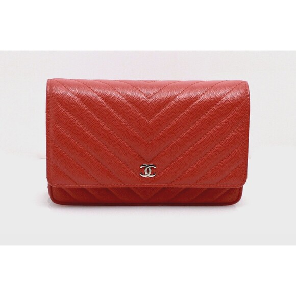 Chanel Caviar Quilted Chevron Wallet On Chain Red - Picture 2 of 11